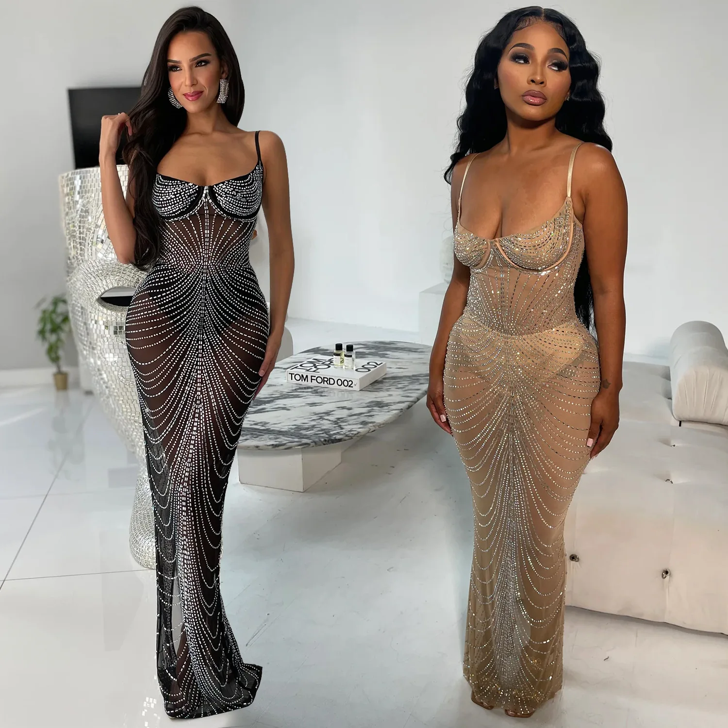 Black Nude Mesh Rhinestone Birthday Party Prom Sexy Bodycon Dress Long Luxury See Through Night Club Outfits Women Evening Gowns