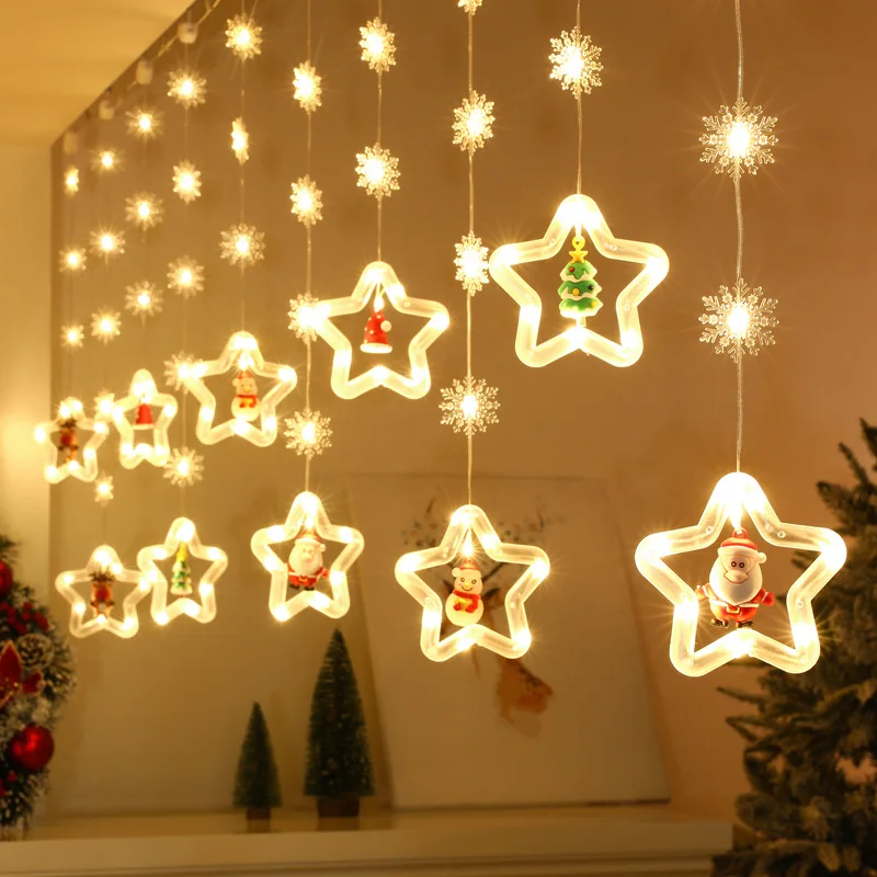 

LED Christmas Decoration Fairy String Lights Pentagram Curtain Stars Ice Strip Lights Snowman Santa New Year Decor Gift Lamp