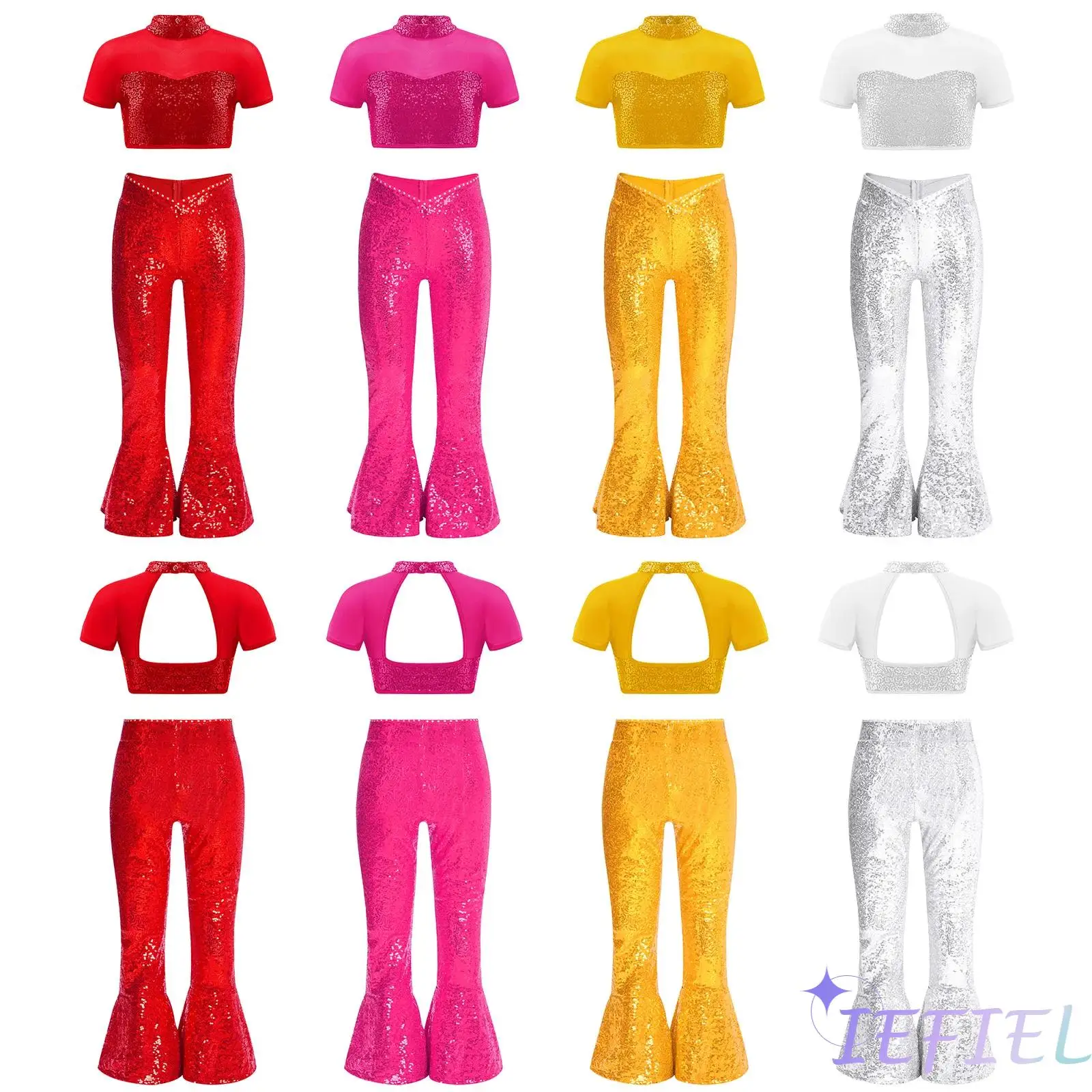

Girls Jazz Dance Outfit Mock Neckline Short Sleeve Mesh Patchwork Cutout BackCrop Top Waistline Sequin Zipper Back Bell Pants