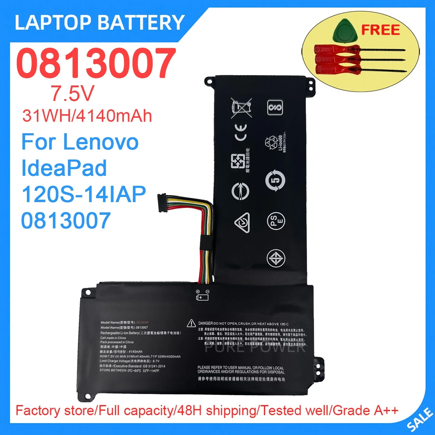 New Laptop Battery 0813007 7.5V 31WH 4140mAh High Quality For Lenovo IdeaPad 120S-14IAP 0813007