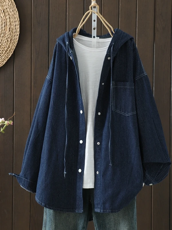 

Утягивающий джинсовый джинсовый джинт большого размера в полоску с капюшоном, свободный крой, повседневные женские модные брендовые товары на заказ