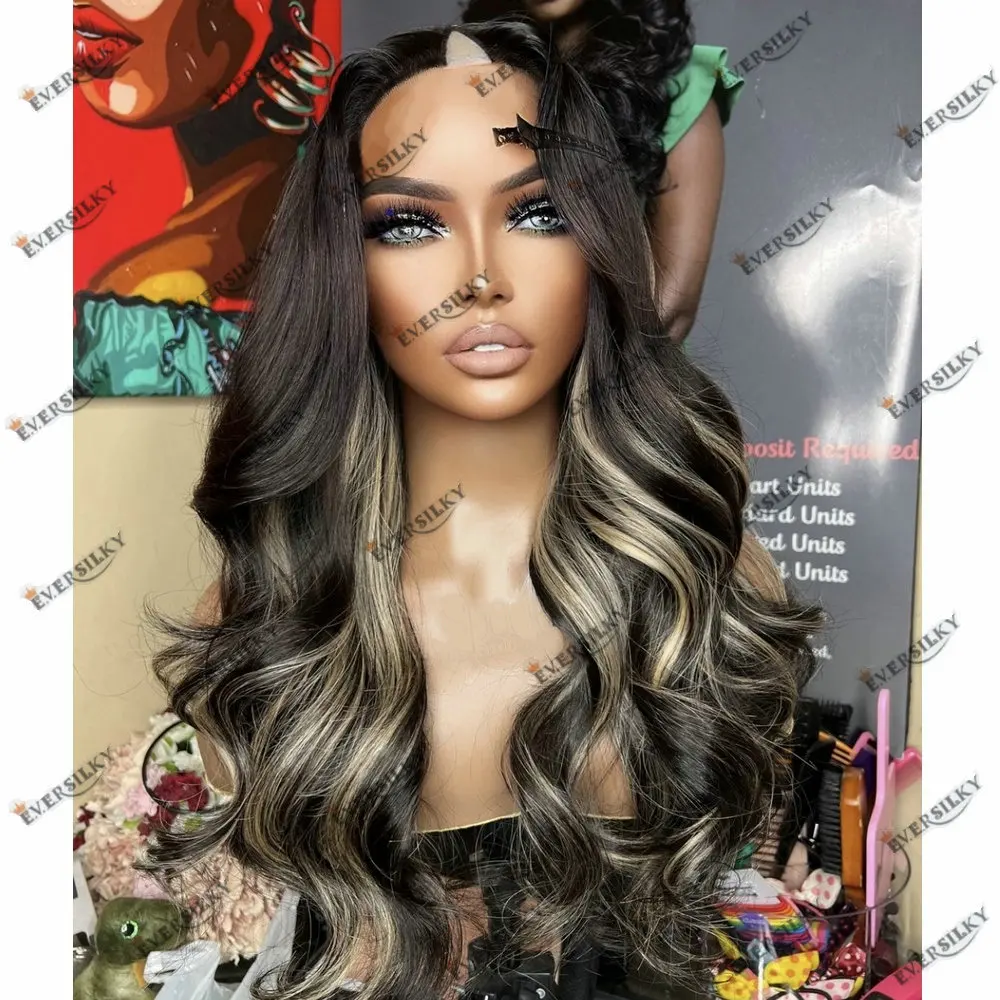 Brazilian Cheap Wig Thick V Part Wig Human Hair for Black Women Honey Blonde Highlights 1x4/2x4 U Shaped Wigs Body Wave 26inch