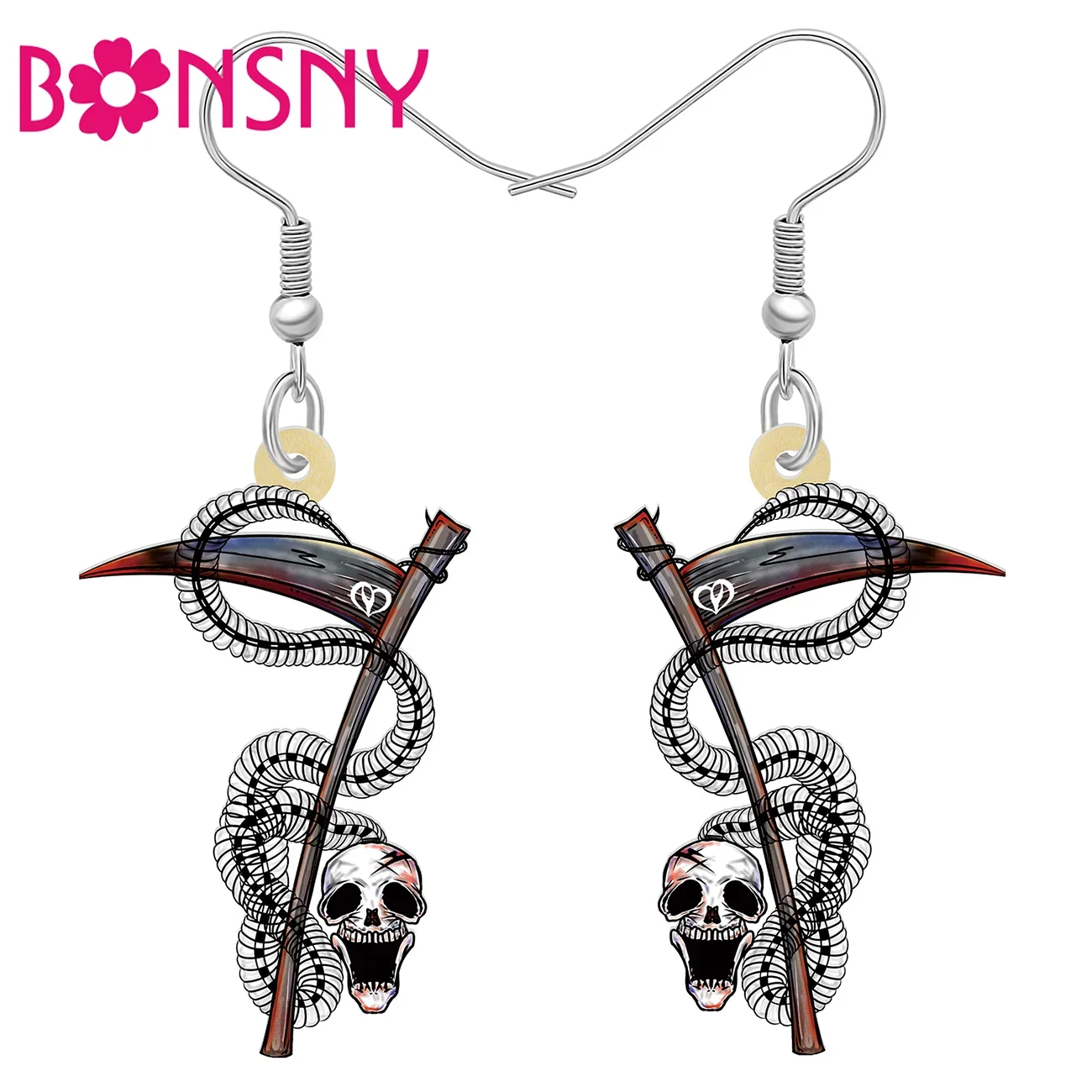 Bonsny Halloween Decor Acrylic Horrible Scythe Skull Earrings For Women Girls Novelty Skeleton Punk Drop Dangle Jewelry Gifts