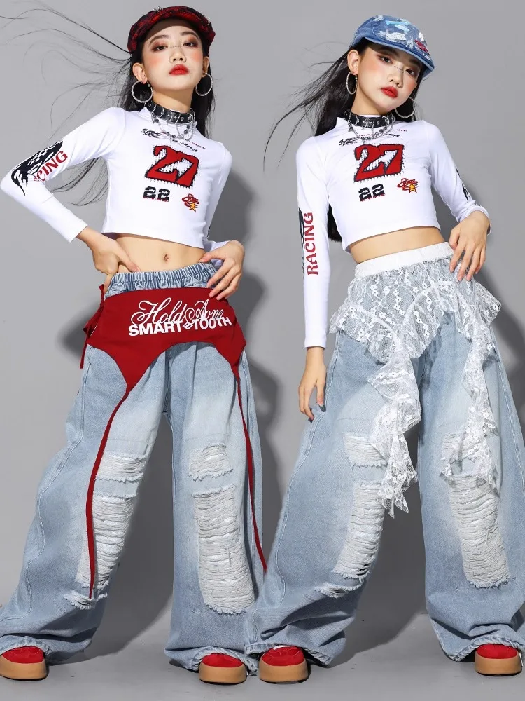 Jazz Dance Clothing Girls K-Pop Outfit White Crop Top Denim Baggy Pants Fashion Hip Hop Costume Street Dance Wear