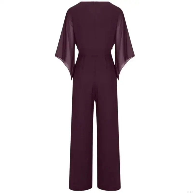 

39BC Womens Summer Belted High Waist Plain Jumpsuit Playsuit Elegant Flared 3/4 Sleeve Cowl Neck Wide Leg Long Pant Romper