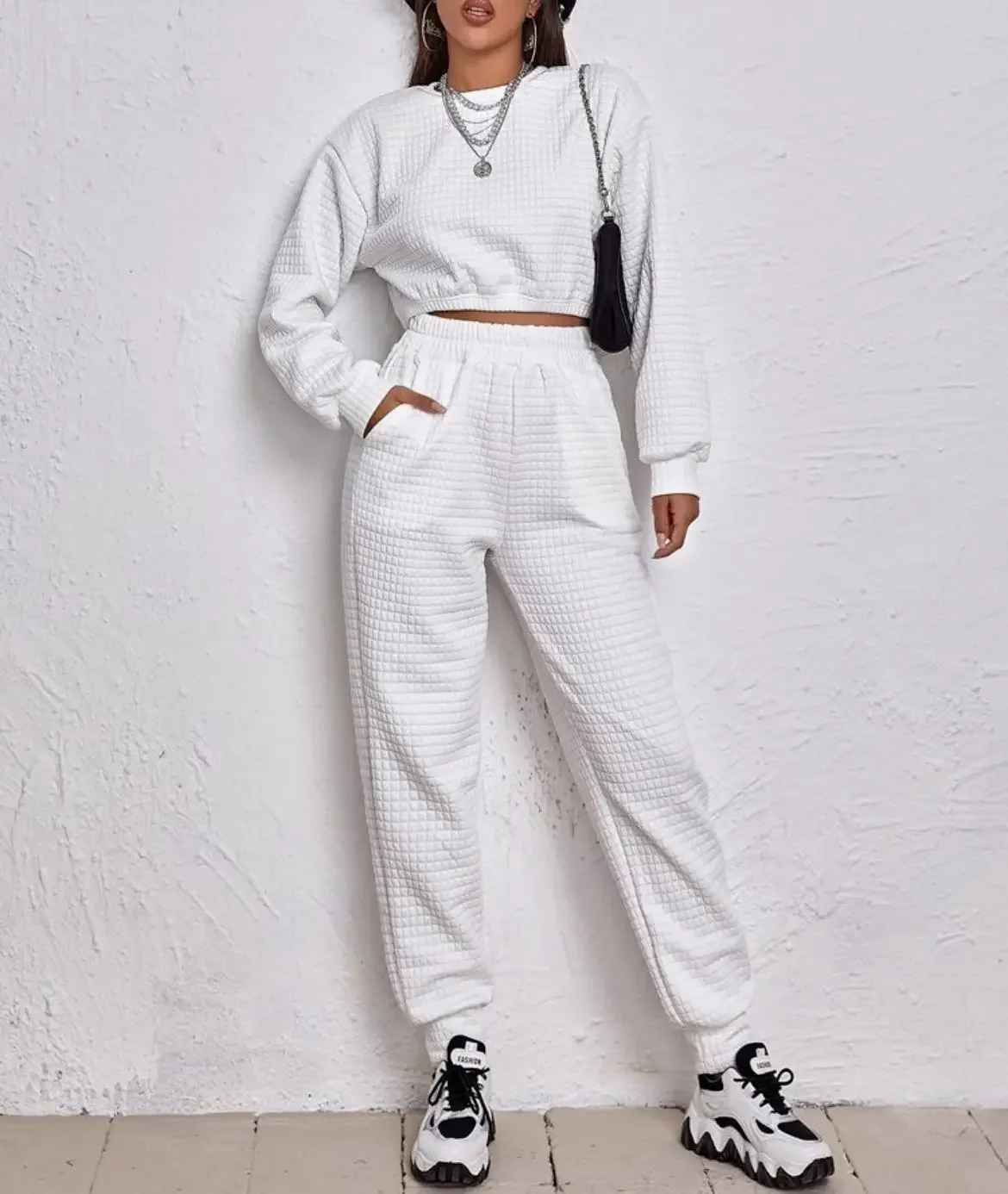 

Women Tracksuit Sweatshirt Two Pieces Set Long Sleeve O Neck Pullover Pencil Pants Elastic Waist Pockets High Street Pockets