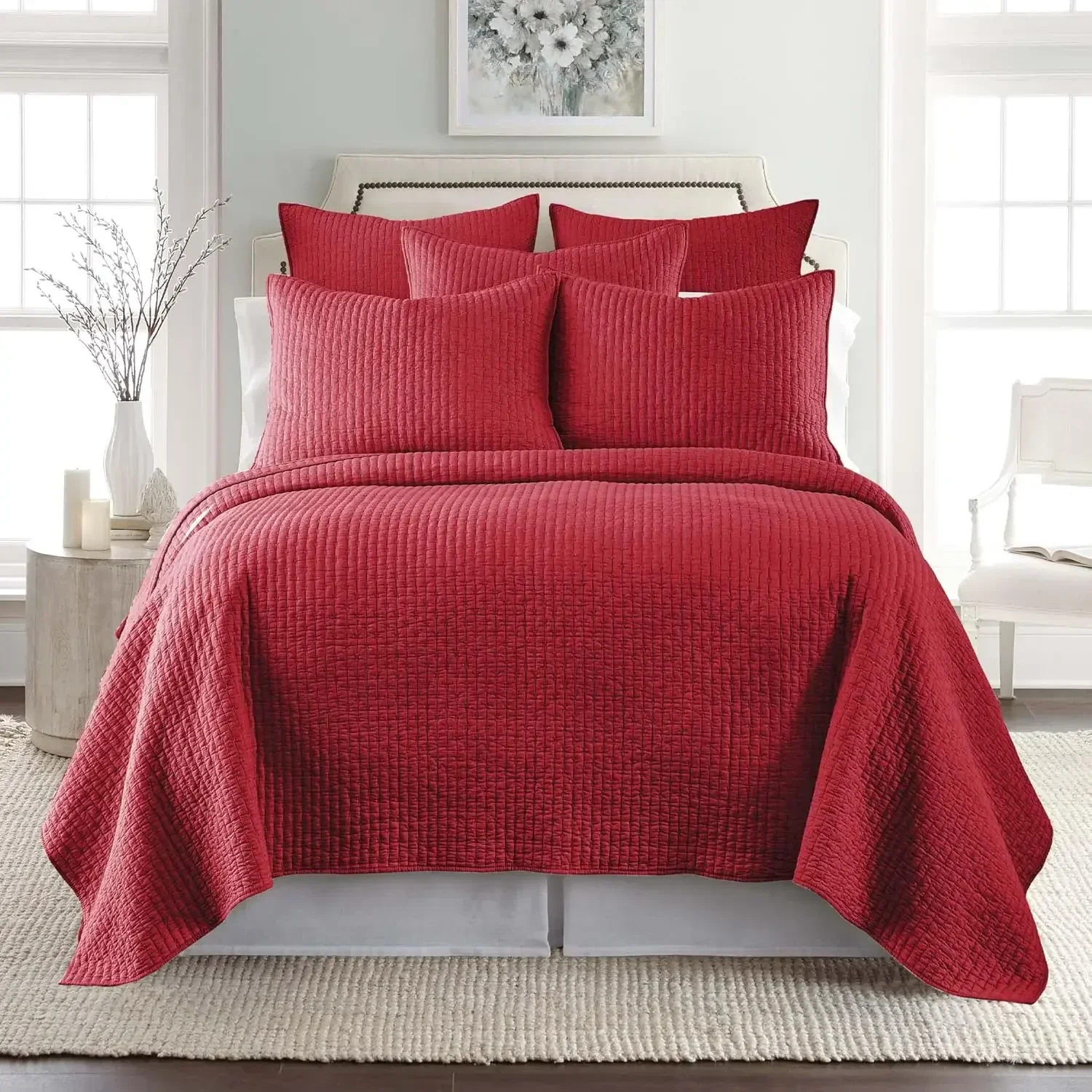 Cross Stitch Reversible King/Cal King Quilt Set (106x92in) with 2 Pillow Shams (36x20in) - Stitch Texture - Chile Red - Cotton K