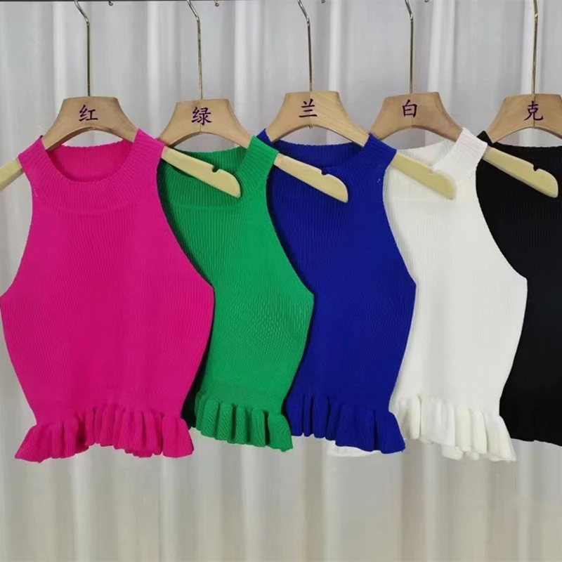 Tops femininos de malha de pescoço simulado com babados, tanques sem nervuras sem mangas, camis babado, roupa Y2K, verão, 2021