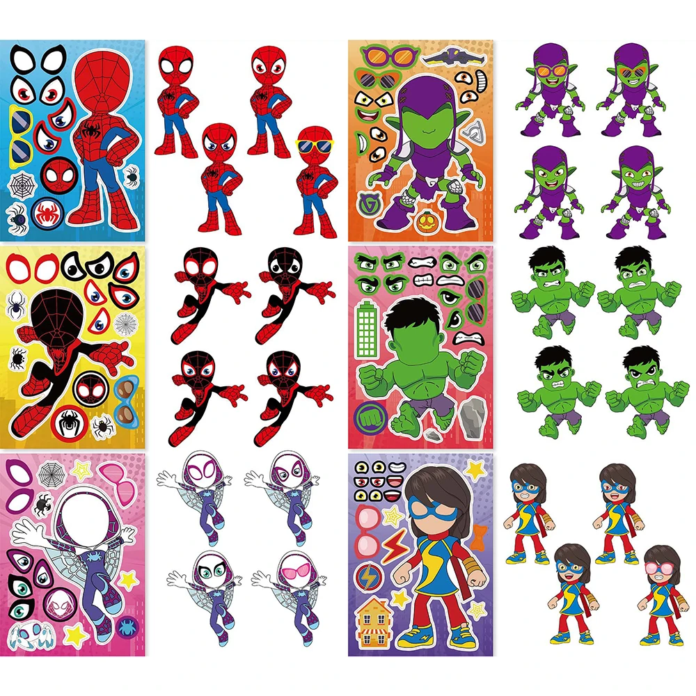 Kawaii Puzzle Stickers DIY Spider-Man Iron Man Hulk Cartoon Anime Luggage Notebook Skateboard Decals Decoration Kids Toys Gifts