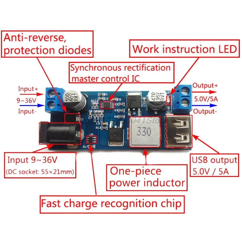 1PCS DC 5A Step-down Power Supply Module 24V/12V Wide Voltage 9-36V to 5V Power Converter XY-3606