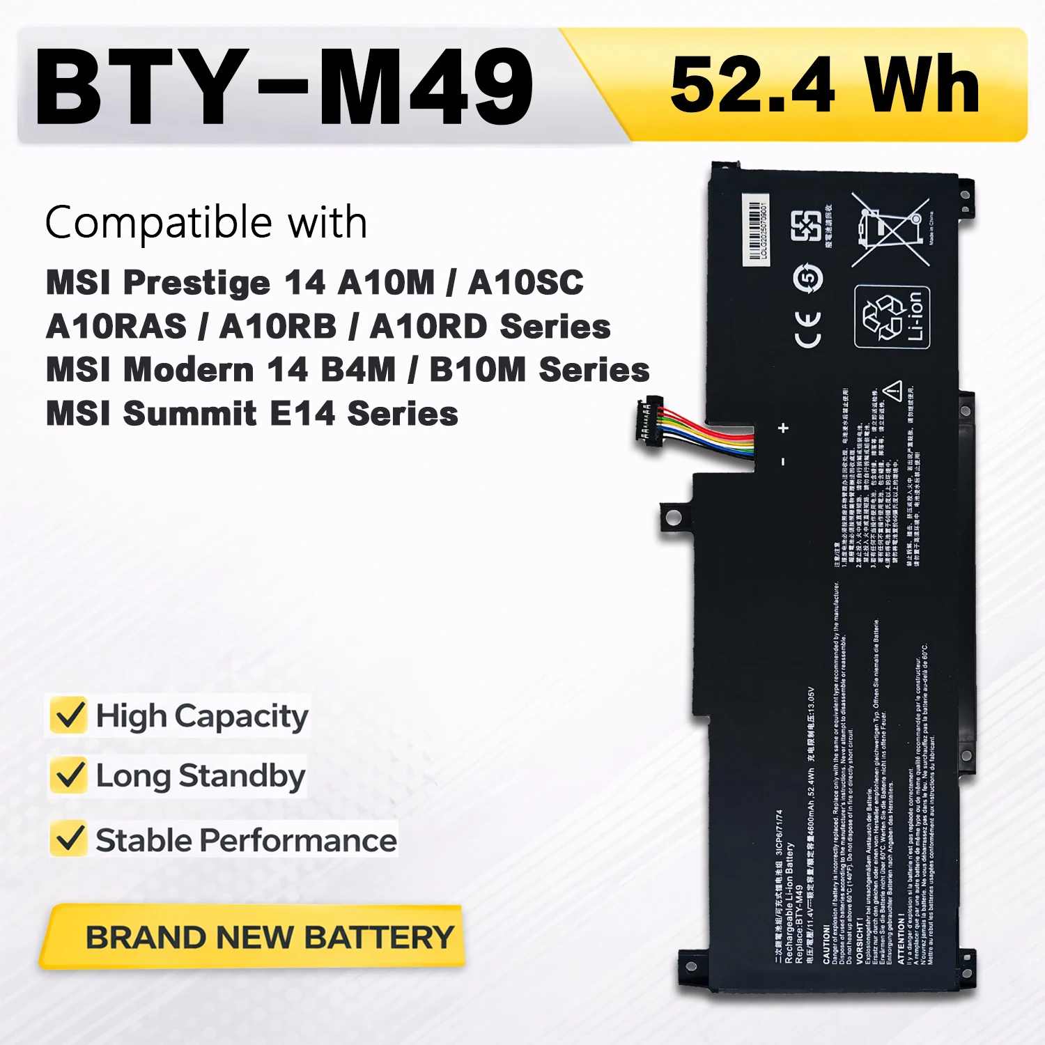 PowerHub BTY-M49 11.4V 52.4Wh Laptop Battery For MSI Prestige 14 Modern 14 Summit E14