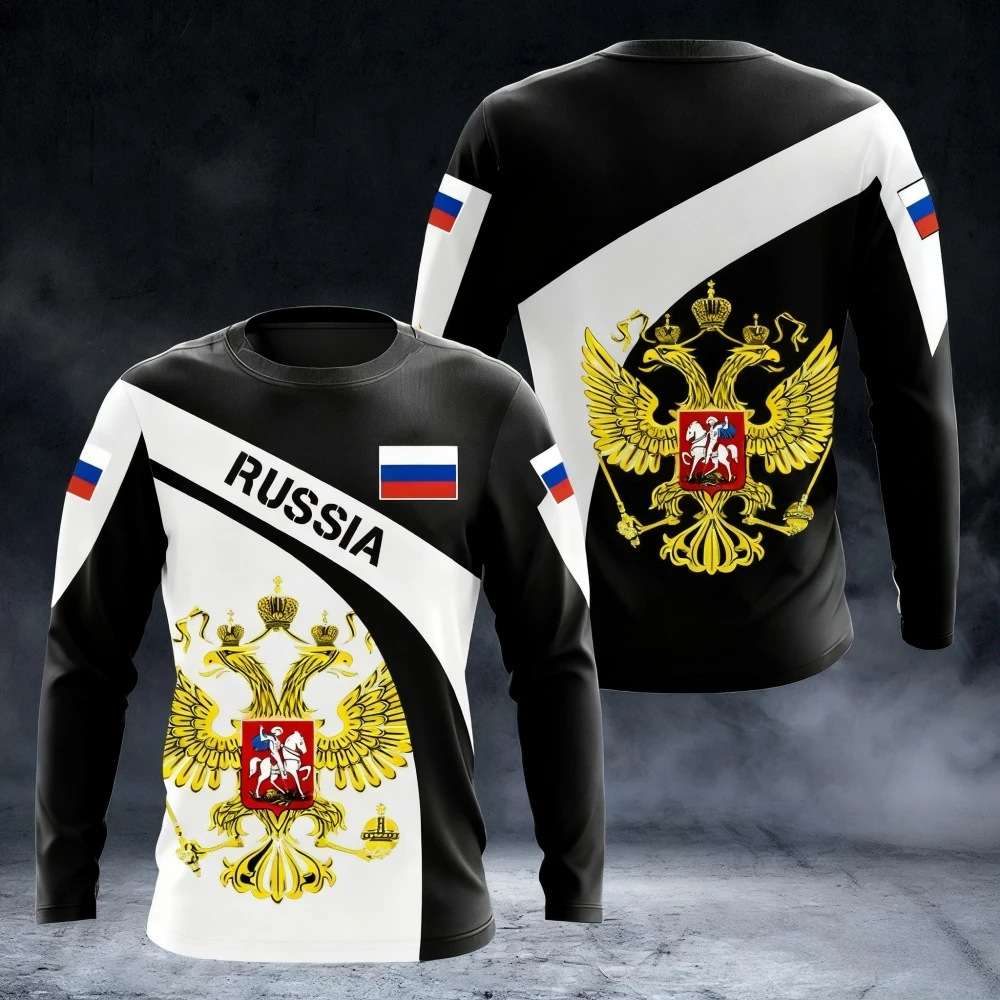 Russian Men's Long-sleeved T-shirt Round-neck Sports Shirt with Russian Flag Print Men's Clothing T-shirt Streetwear One Piece
