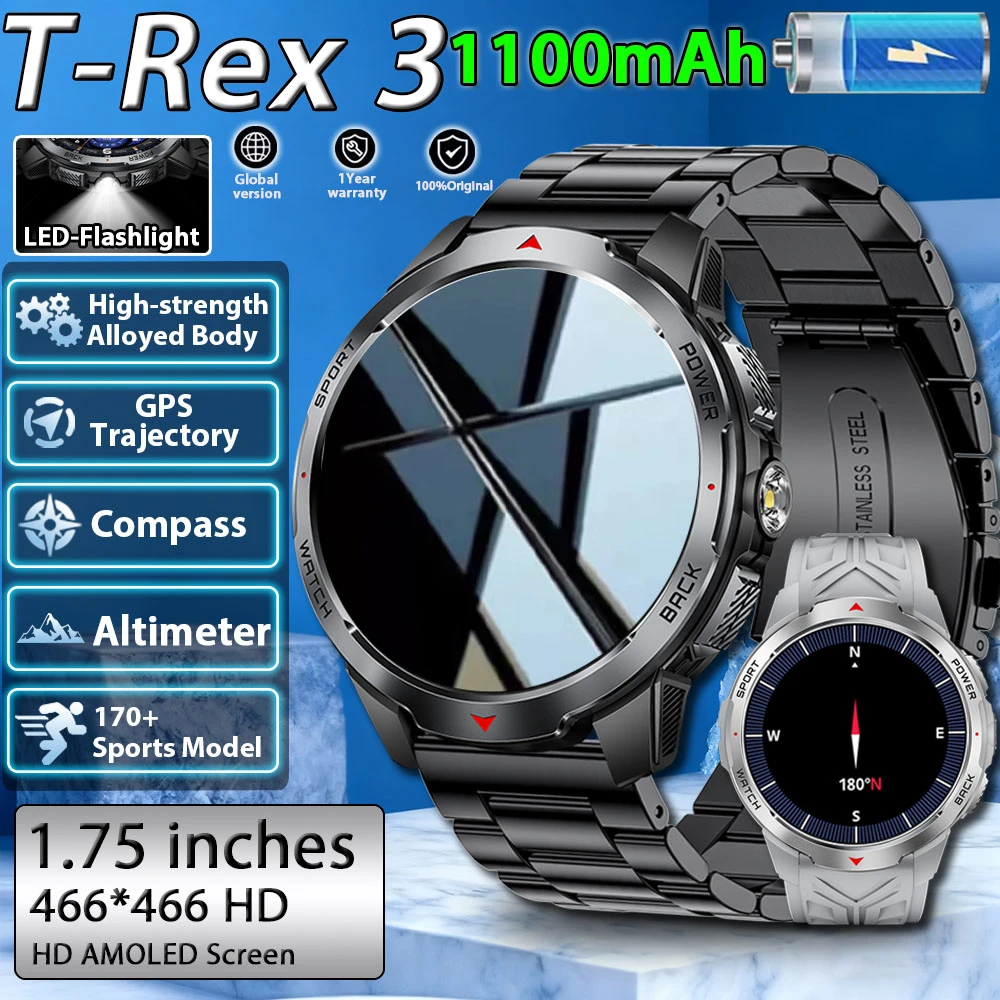

2026 Men Smart Watch 1100mAh Large Battery 3ATM Waterproof Bluetooth Call Heart Rate Sleep Monitor Flashlight Sports Smartwatch
