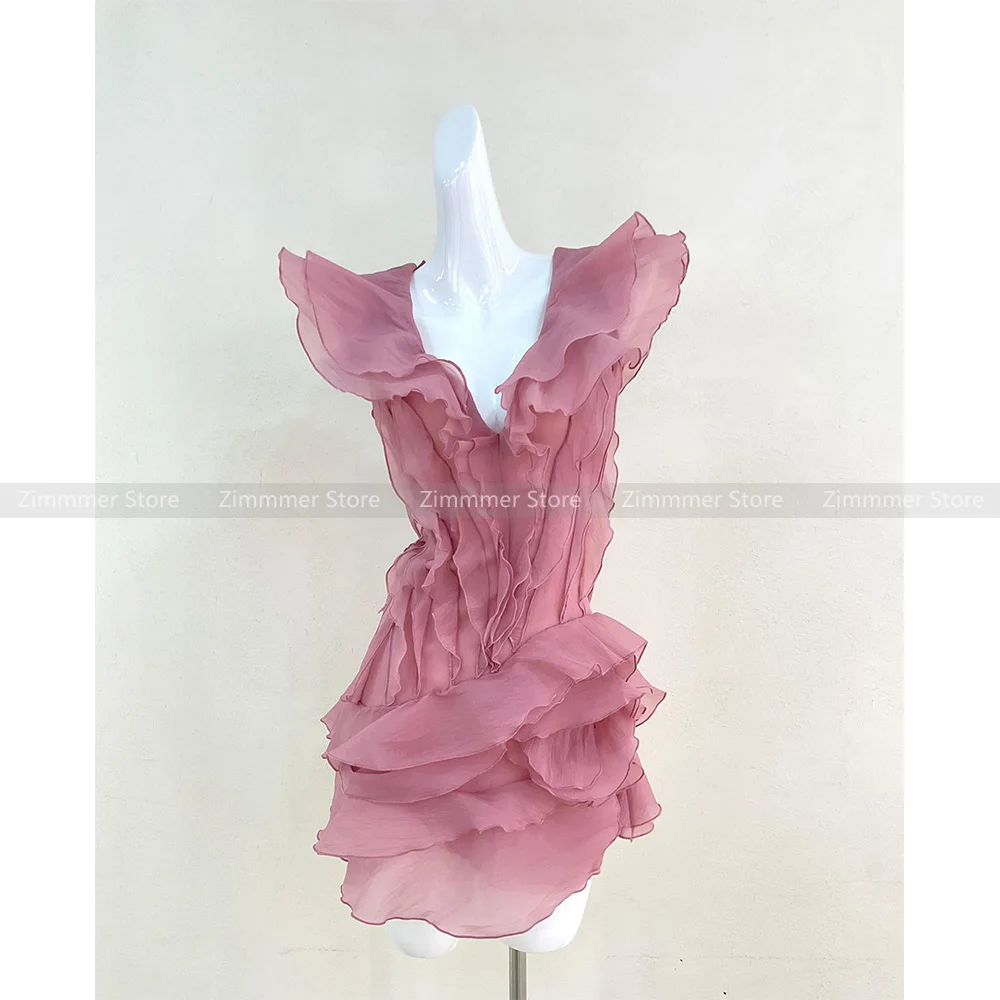 Vietnam niche design new heavy petal ruffles sexy pure desire atmosphere feeling V-neck one-shoulder birthday dress dresses