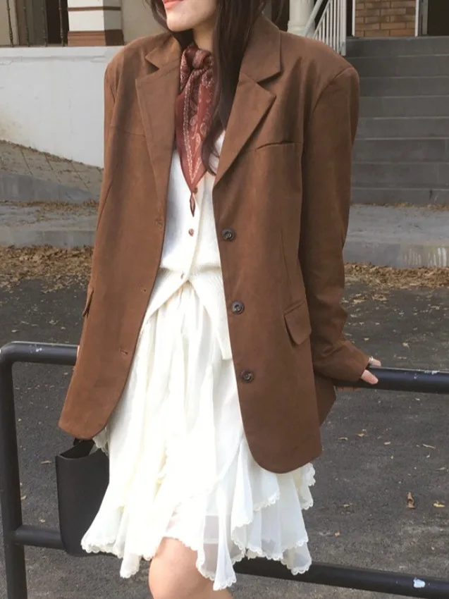Dames Suede Long Sve Suit Jaet Loose Fit Middellange Lengte Vintage Sle Herfst Faion Bovenkleding Ele Trendy