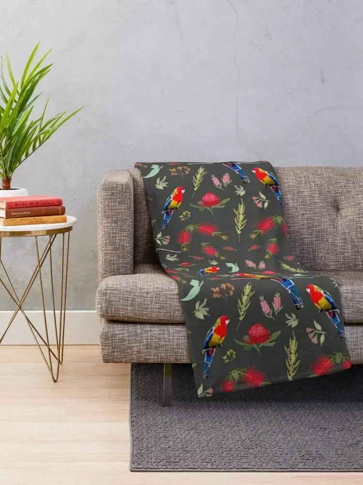 Australiana Rosella Garden - charcoal grey Throw Blanket Blankets For Bed Blankets For Sofas Baby Thermals For Travel Blankets