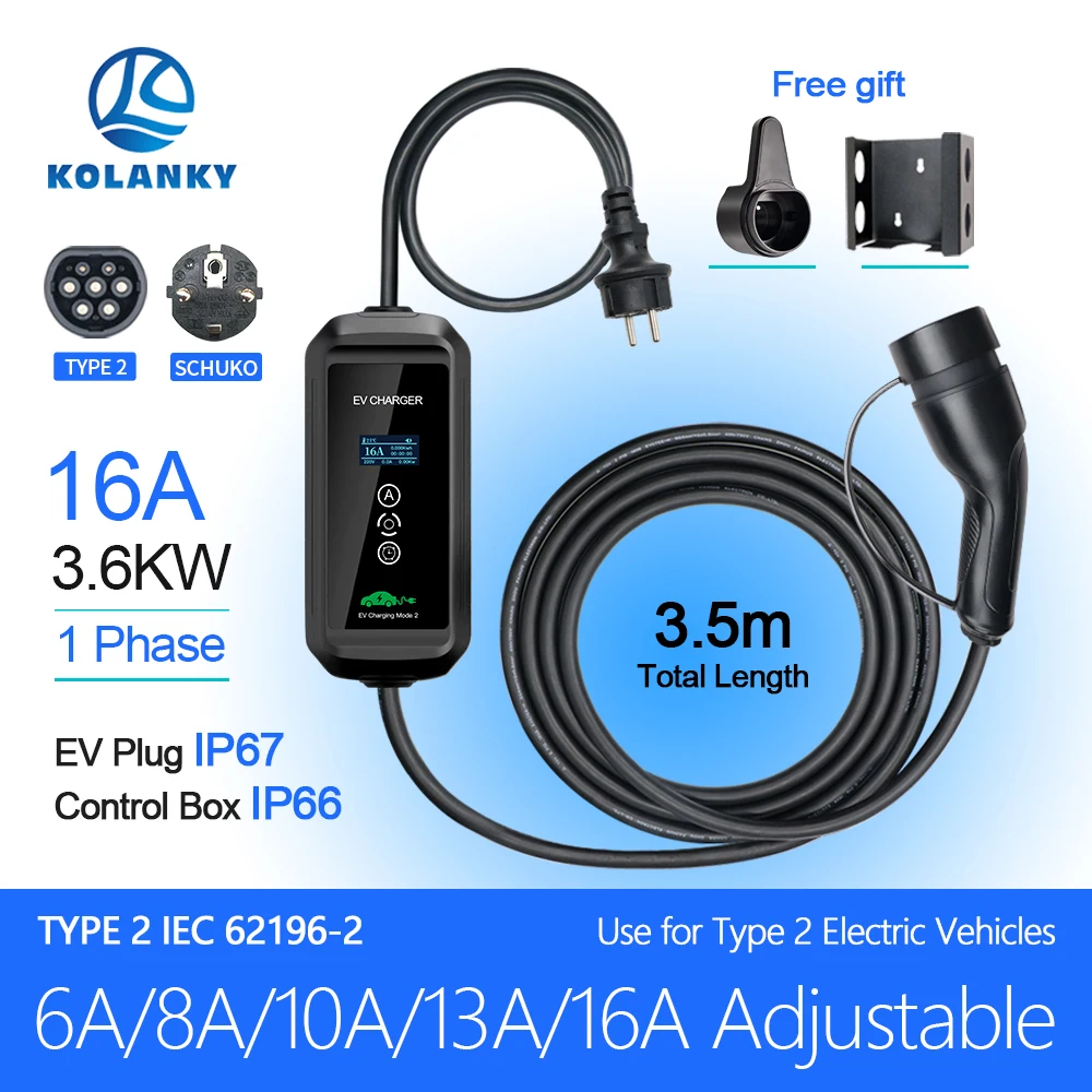 

16A 3.6KW Portable EV Charger Type 2 IEC-62169 Wallbox Charging For Eletric Hybrid Cars Cable Total Length 3.5M