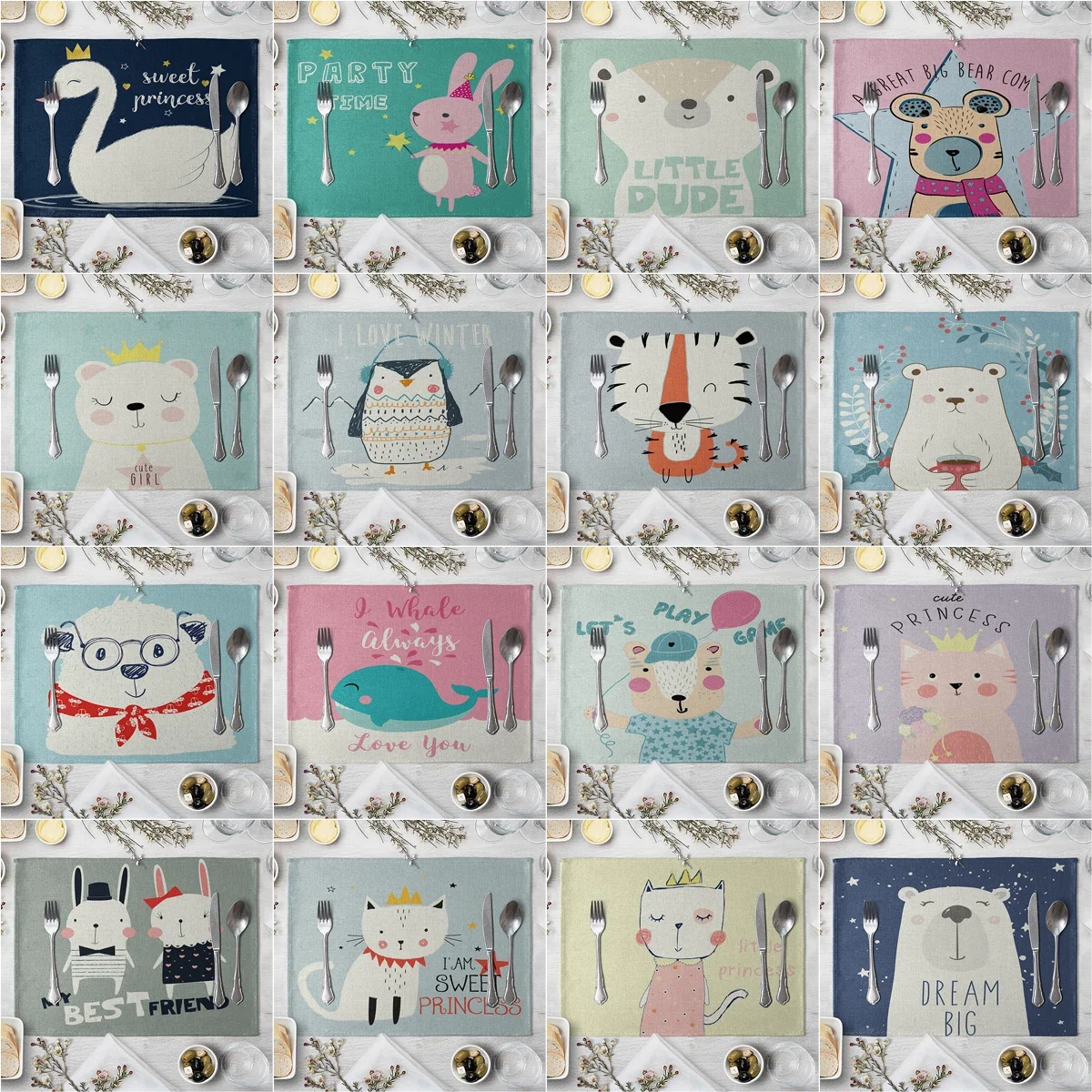 Children's Cute Animal Style Pattern Placemat Cotton Linen Fabric Table Mats Family Dinner Tableware Kitchen Table Mat