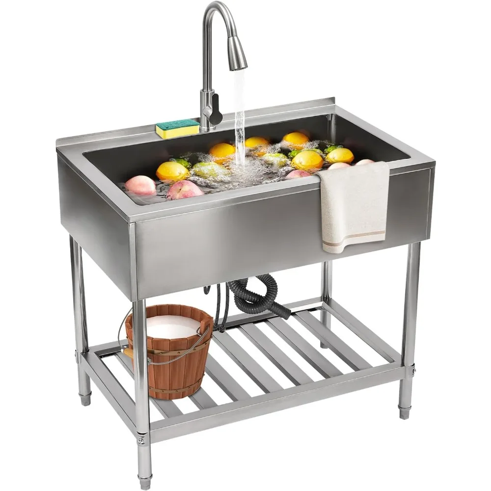 Mehrzweckspüle aus Edelstahl, freistehendes Küchenspüle mit ausziehbarem Wasserhahn, großer Einzelschüssel und unterer Ablage für Restaurants,