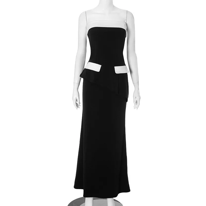 Contrast Color Blazer Top Split Long Skirt Suit Sleeveless Strapless Contrast Bodycon Dress Work Wedding Guest