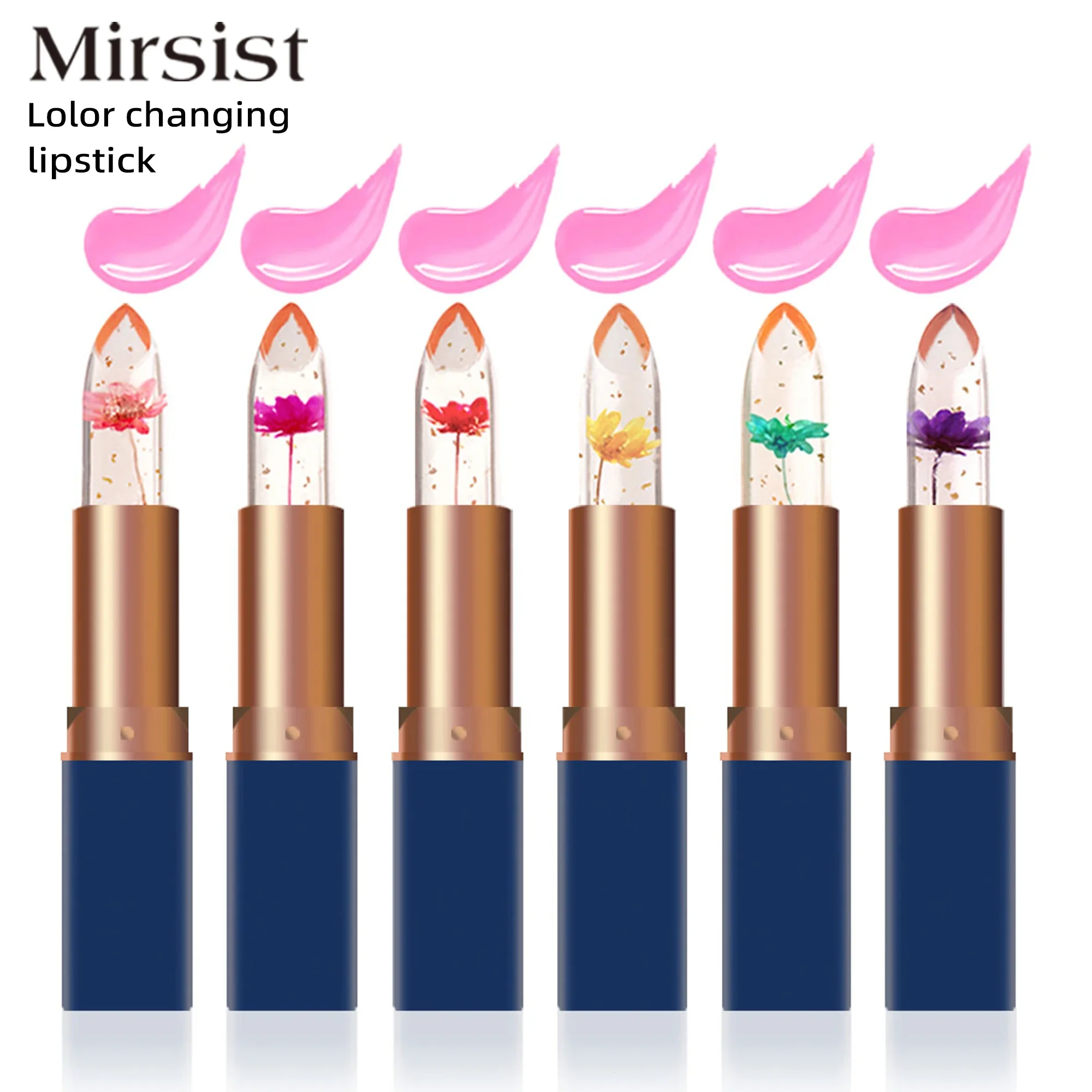 หลอดสีน้ําเงินเข้มคริสตัลเปลี่ยนสีลิปสติกทองฟอยล์ดอกไม้เยลลี่ลิปสติก Long Lasting Waterproof Moisturizing Lip Balm