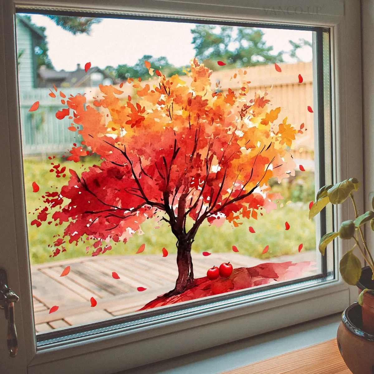 Autumn Red Tree Window Decals - Removable Fall Leaf & Apple Stickers for Seasonal Home & Shop Decor