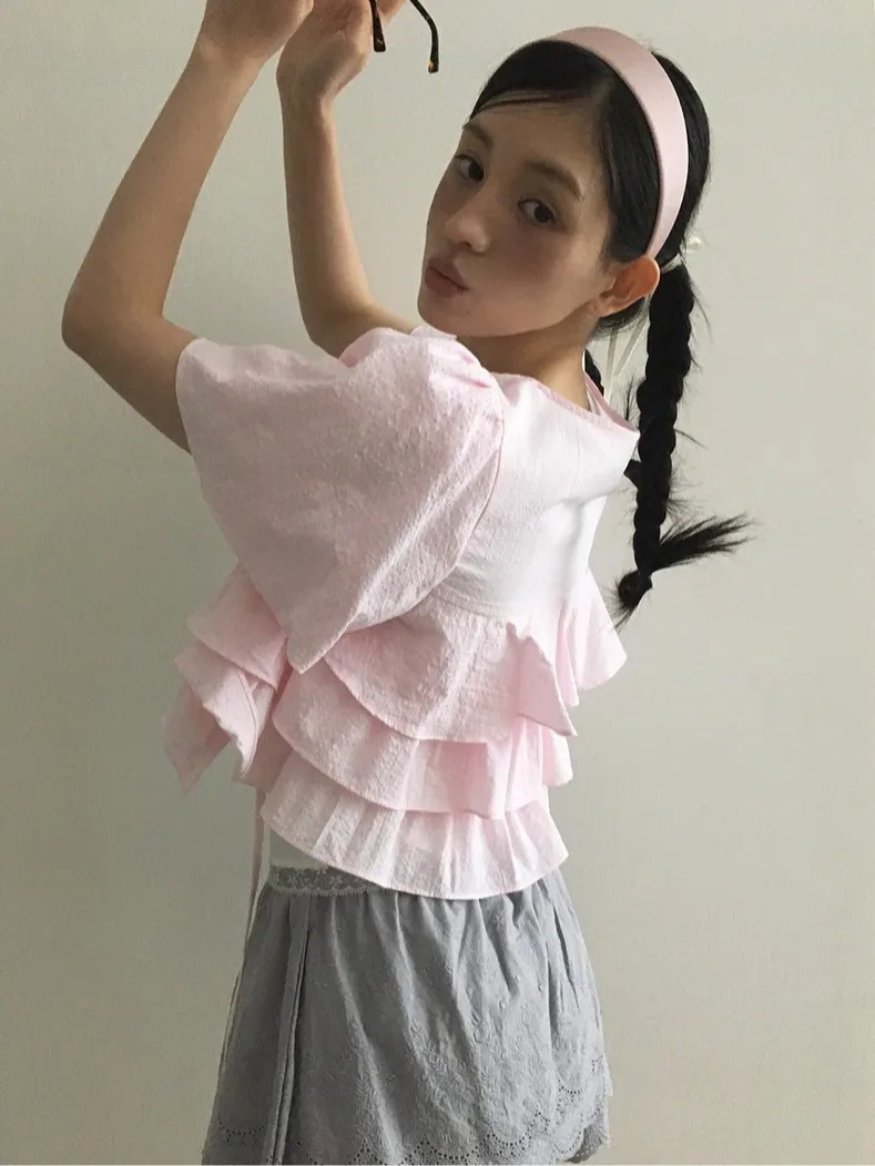 

Sweet Layered ort Sve irt Женский летний новый универсальный свободный топ Cake Layering ort Length Faionable Ladies' ...