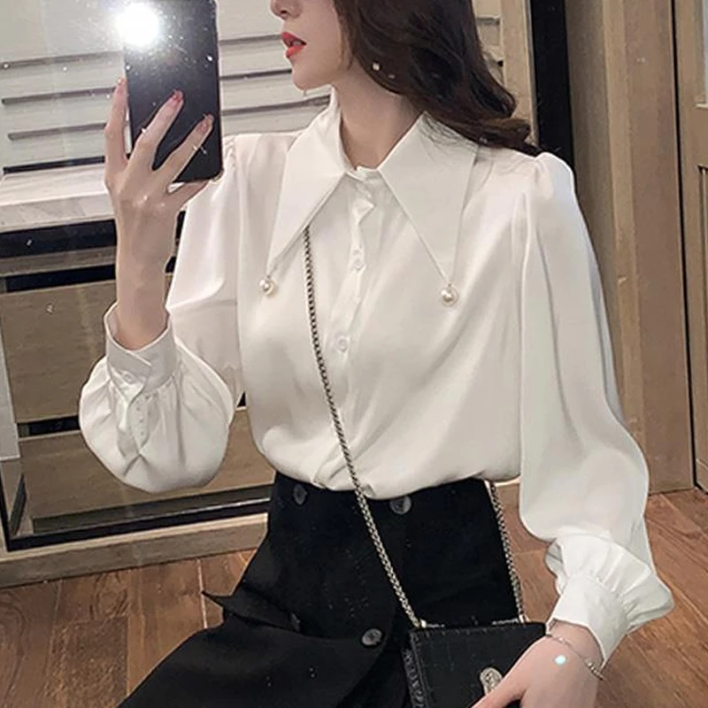 

Temperament Long Sleeve White Shirt Tops Spring Autumn Polo Neck Simplicity Loose Elegant Blouse Korean Fashion Women Clothing