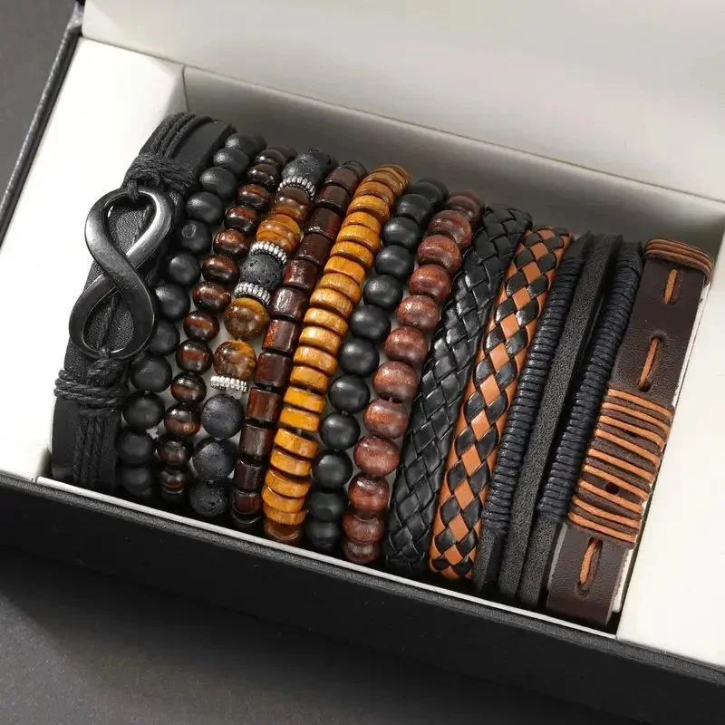12Pcs Vintage Woven Leather Bracelet Set For Men Women Fashion 8 Shape Tiger's Eye Braided Bracelets Daily Wear Punk Jewelry New