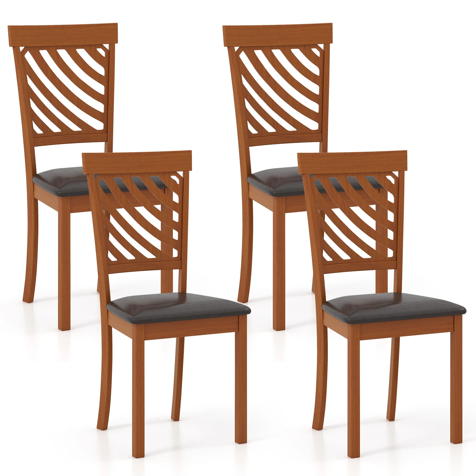 Faux Leather Upholstered Dining Chair Set of 4 w/ Rubber Wood Legs & Back Walnut