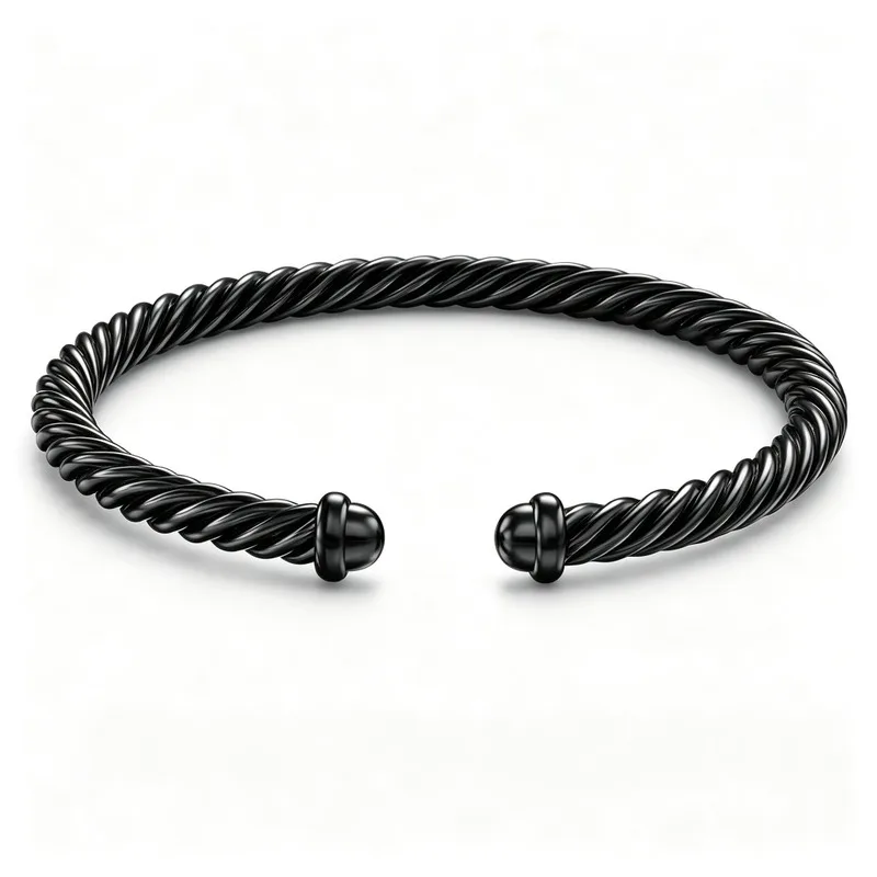 Women Black Aluminum Classic Cable Bracelet 4mm, Twisted Open Cuff Bangle with Ball Ends, Minimalist Daily Jewelry Gift