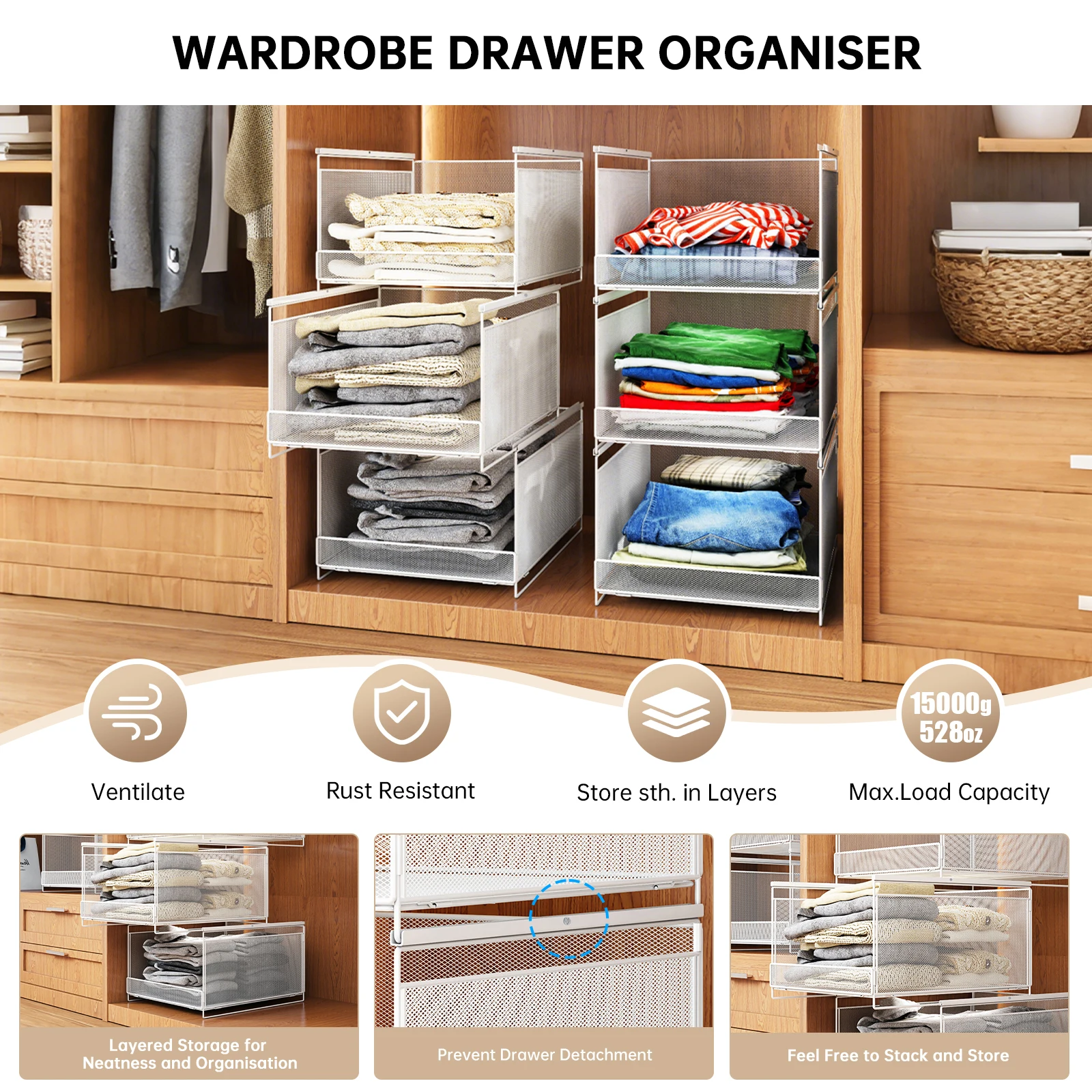 3 Pcs Stackable Wire Metal Frame Organizer for Wardrobe, Foldable and Stackable Metal Wire Storage Baskets, Layered Pull-Out Baskets, Dormitory Storage Baskets, Clothes Storage Baskets, Drawer-Style Wardrobe with Compartments