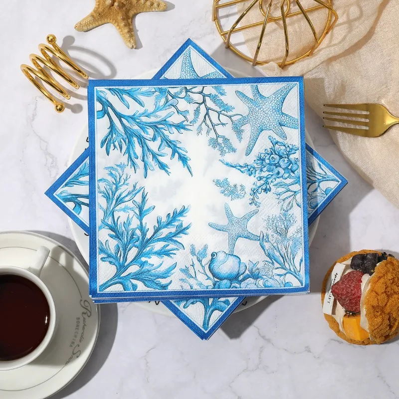 20pcs 33cm 2Ply Ocean Blue Starfish Printed Napkins Hot Selling Native Wood Pulp Party Decoration Tissue DIY Decoupage Paper