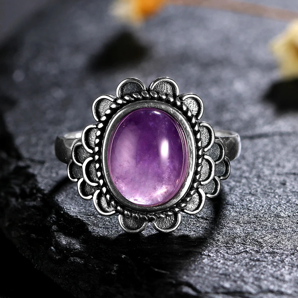 Noble Fashion 925 Silver Ring Oval 8*10MM Natural Amethyst Retro Wreath Engagement Wedding Party Gift Wholesale