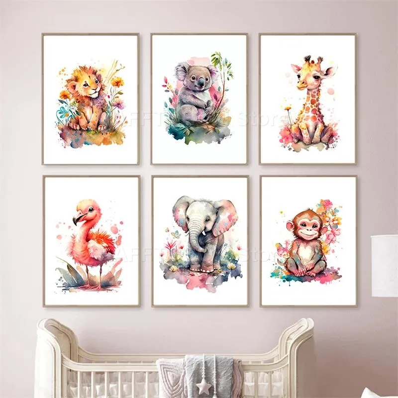 

Elephant Giraffekoala Bear Monkey Watercolor Animal Poster Nursery Wall Art Prints Canvas Painting Pictures Kids Room Decor