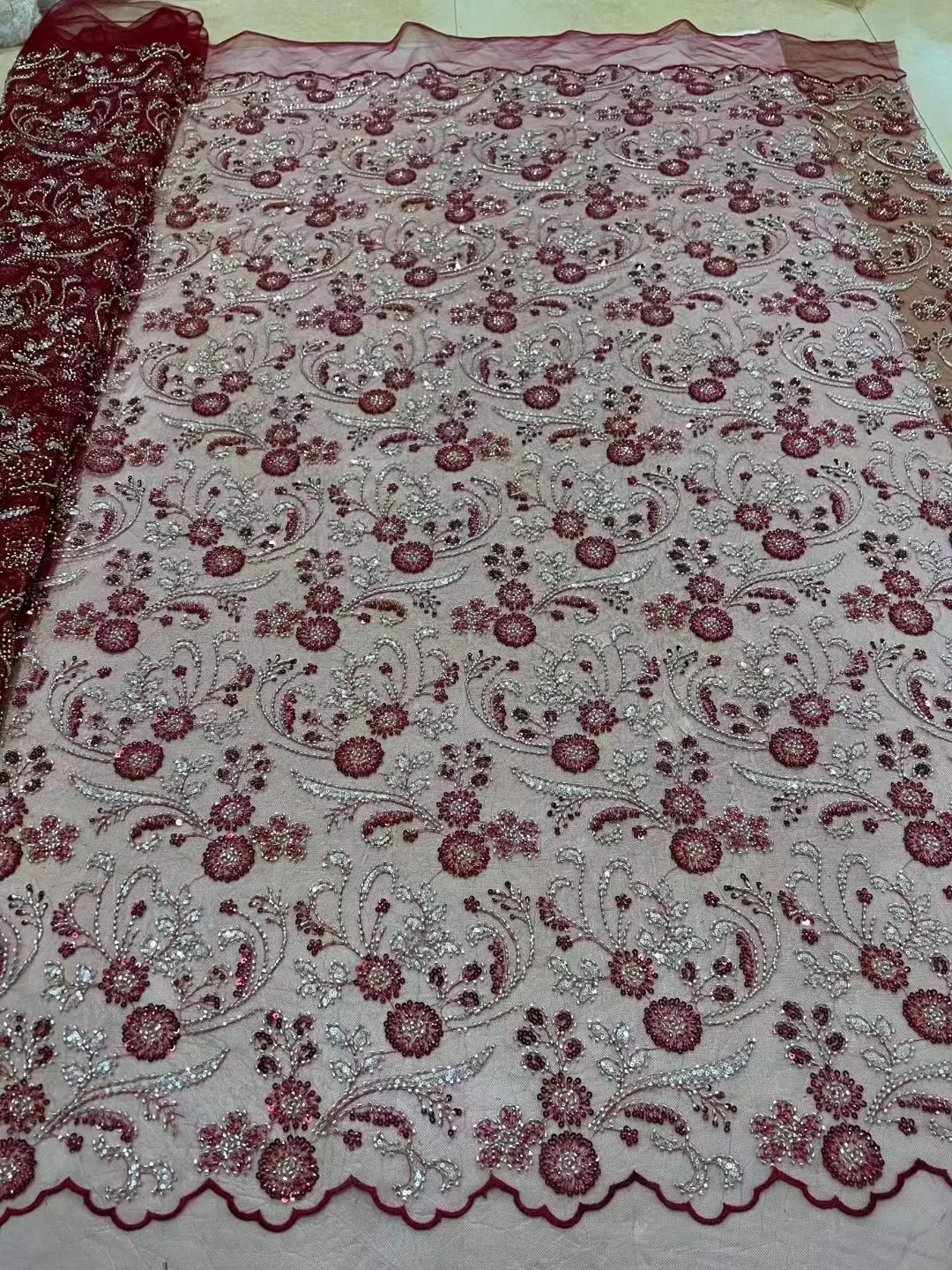 

Luxurious Nigerian Handmade Beaded Lace Fabric 2023High Quality Sequins Beaded Embroidery African French Lace Fabric For Dress