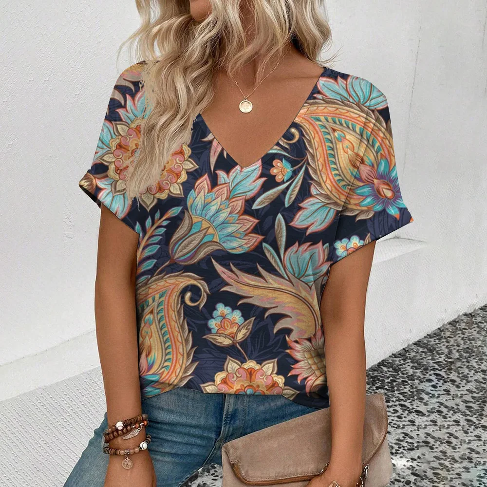 2024 Summer Women\'s V-neck T-shirt Daily Casual Top Personality Vintage Cashew Flower Print Short Sleeve Loose Comfortable Tees