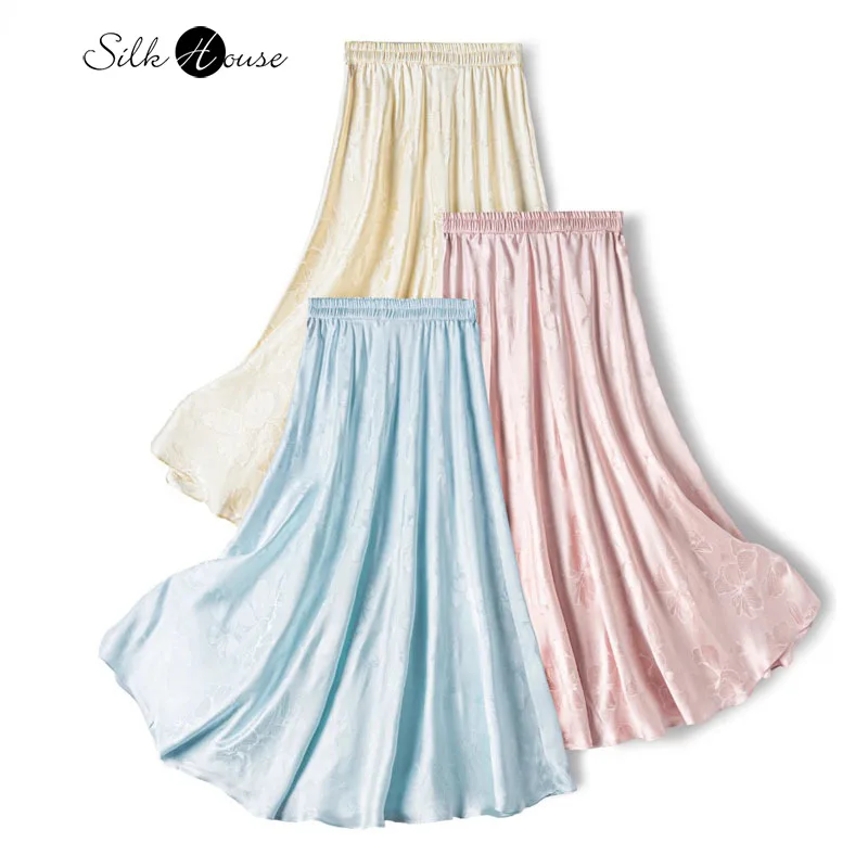 

2025 Women's Summer New Breathable 100% Natural Mulberry Silk 3-meter Large Hem Women's Casual Versatile Artistic Skirt
