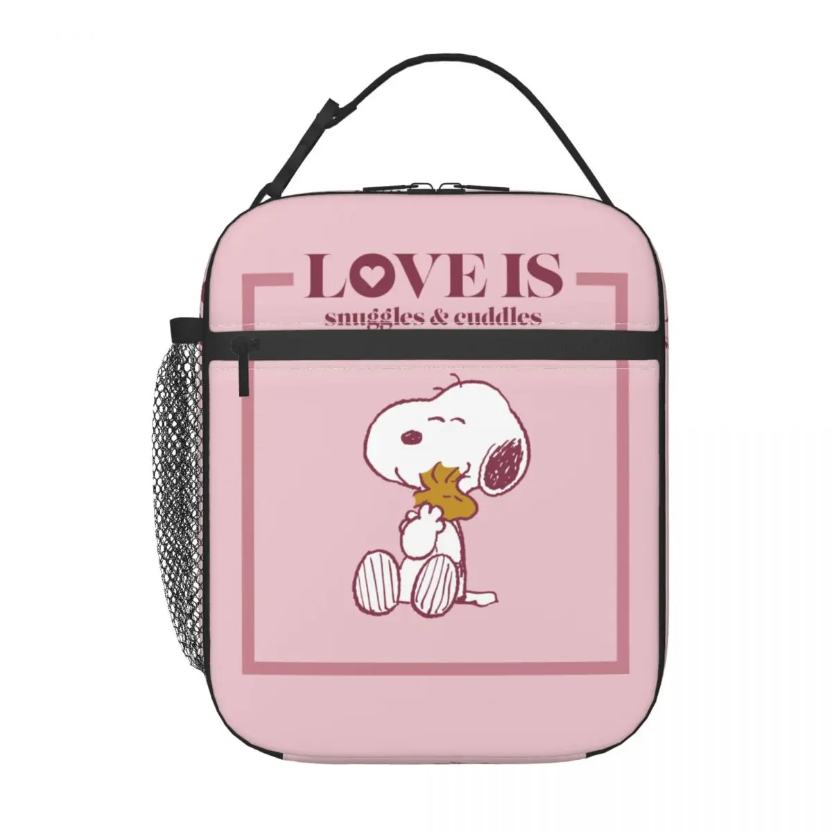 Snoopy Woodstock Pink Love borsa termica per il pranzo borsa termica riutilizzabile portatile Tote Lunch Box per uomo donna College Picnic