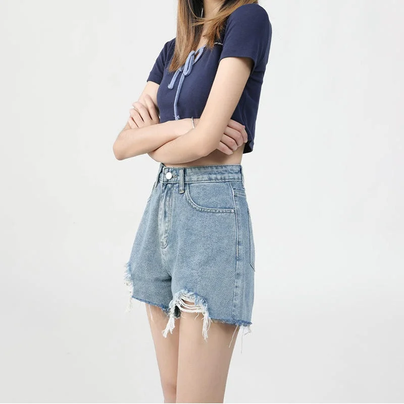 High Waist Destroyed Hem Denim Shorts Women's Summer Thin Small Size A-Line Wide Leg Hot Pants Trendy INS Straight Leg Jeans