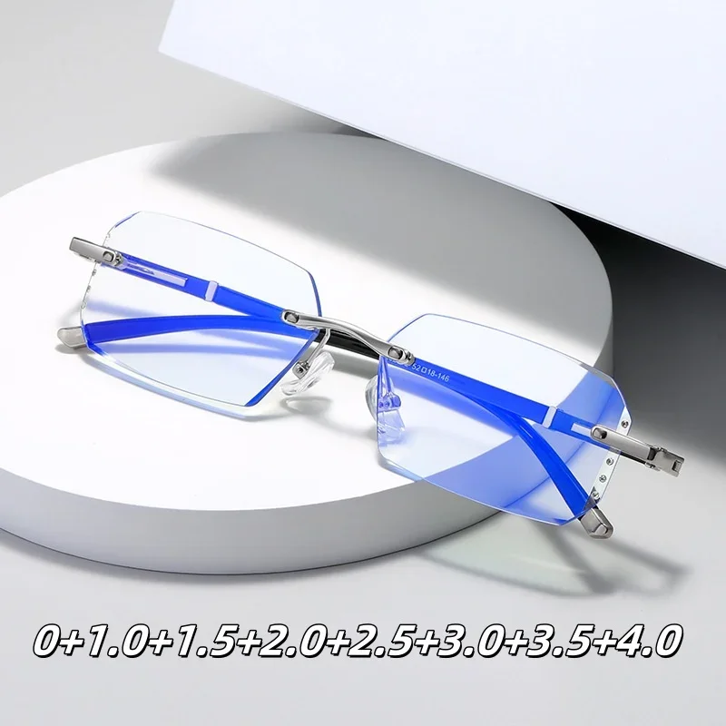 Neue rahmenlose Lesebrille mit Diamantschliffkante für Männer und Frauen, ultraleichte, hochauflösende Anti-Blaulicht-Presbyopie-Brille