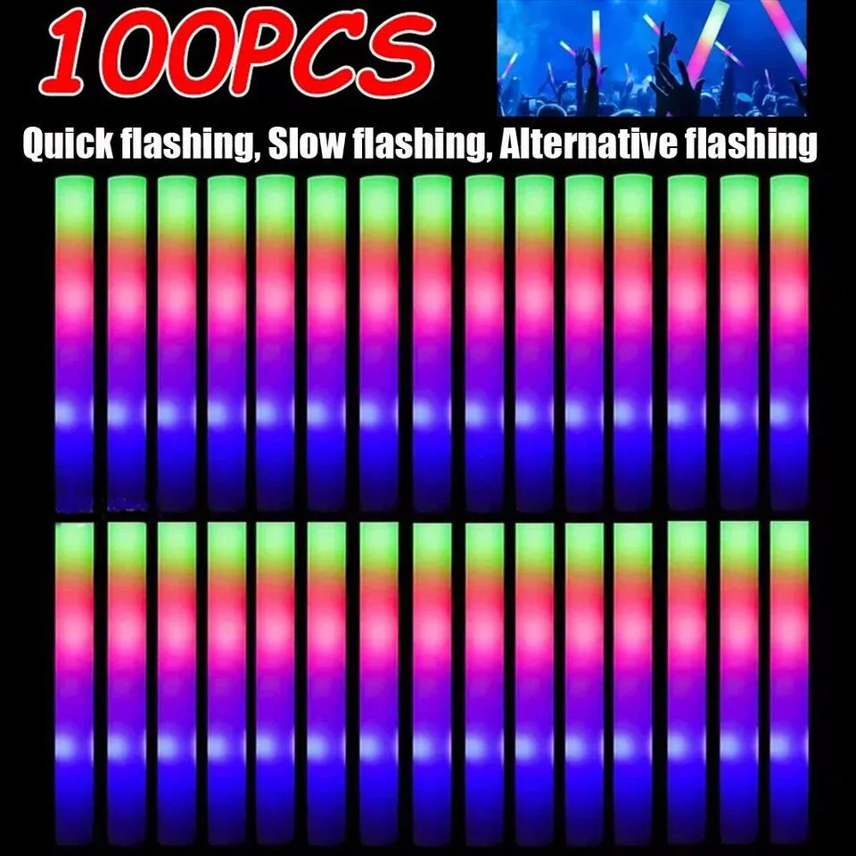 100Pcs LED Glow Sticks Bulk Colorful RGB Glow Foam Stick Cheer Tube Dark Light for Xmas Birthday Wedding Party Supplies