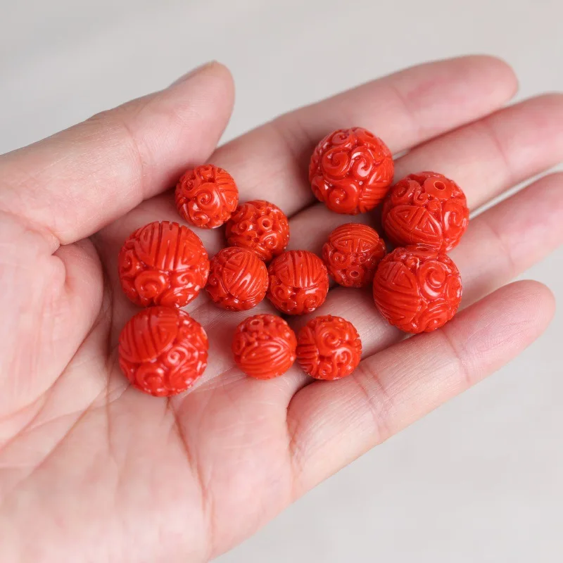 5Pcs Carved Dragon Round Beads Bright Red Loose Spacer Beads Stone Beads for DIY Bracelet Necklace Pendant Jewelry Accessories