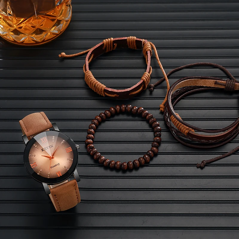 لا يوجد صندوق هدايا؛ ساعة ماسية مائية؛ ساعة بحزام جلدي عتيق؛ سلسلة ساعة رجالية عصرية من الخرز وسوار جلدي 4 قطع #3