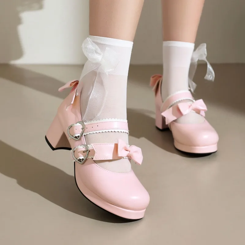 Big Size Lolita Girls Candy Color Comfortable Mary Janes Shoes Bowtie Lace Ruffles Platform High Heel Cosplay Women Pumps Autumn