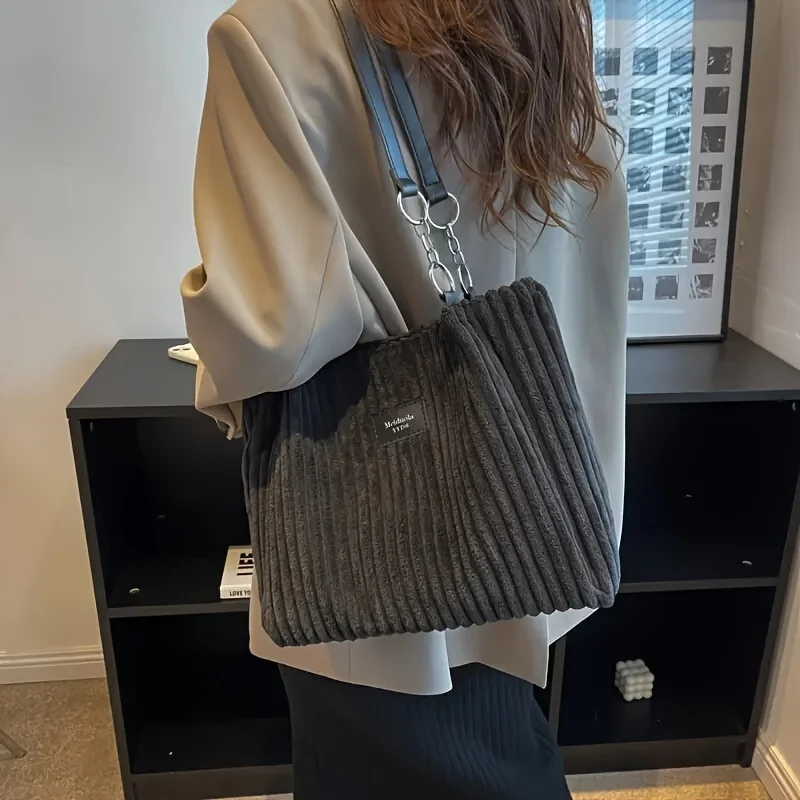 Cord-Einkaufstasche mit großem Fassungsvermögen, Umhängetasche mit Kettenriemen für Damen, Polyesterfutter, Reißverschluss, Schwarz, Beige, Khaki, Grün – Detail 11