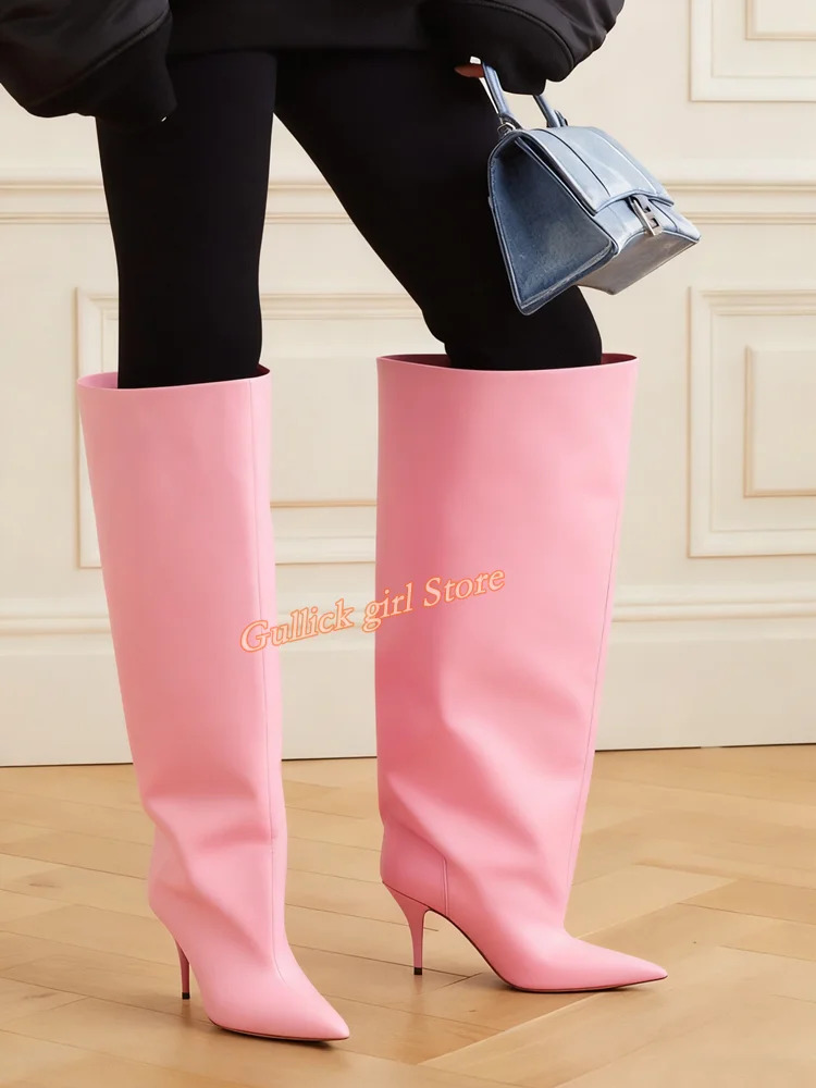 

Розовые кожаные ботинки-трубы на тонком высоком каблуке, пикантные кожаные женские модельные туфли без шнуровки с острым носком на подиуме, ручная работа