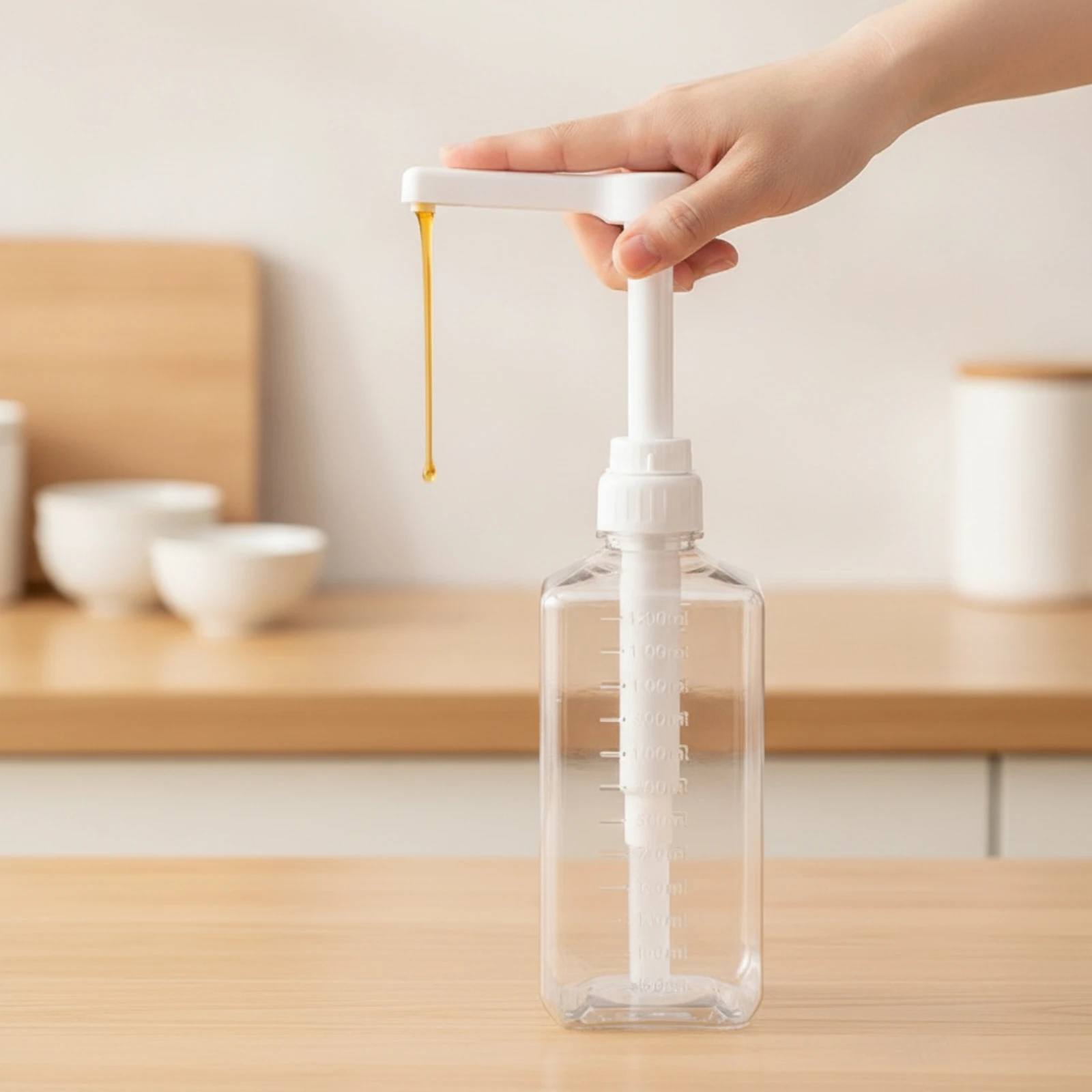 Syrup Dispenser with Pump Clear Sauce Dispenser with Pump Bottle with Measuring Scale Plastic Container Graduated for Baristas