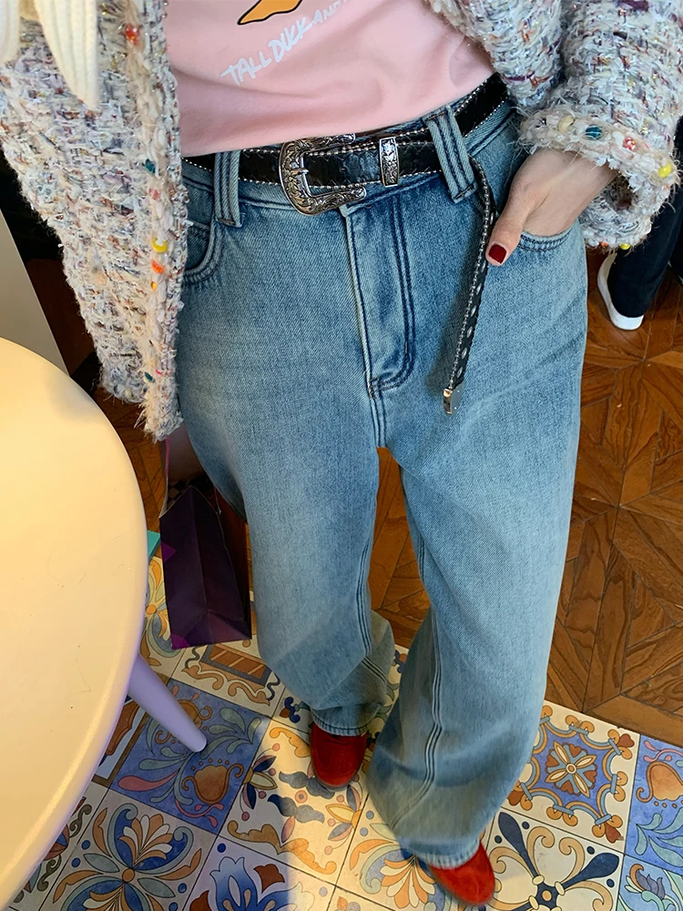 

Women's High Waist Fleece Lined Denim Jeans Winter Thick Wide Leg Pants Design Sensation Small Size Fashionable Casual Trousers