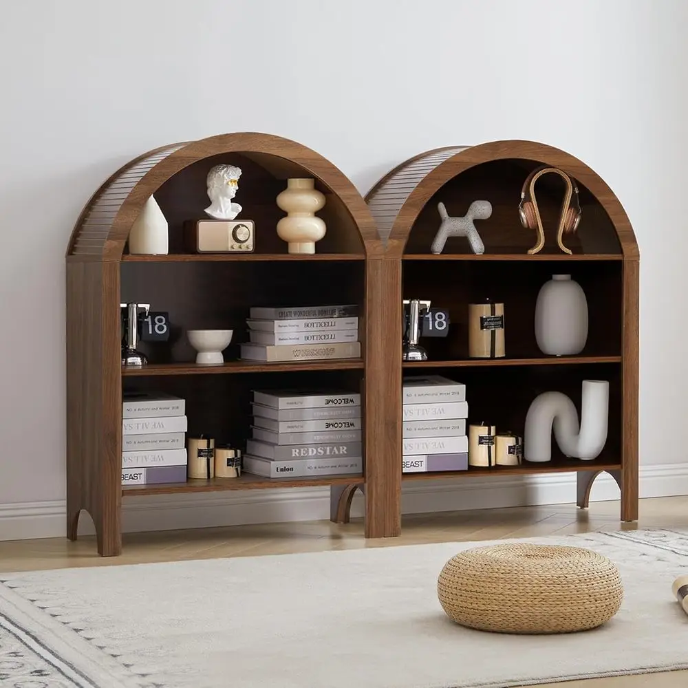 Walnut 3-Shelf Arched Bookcase with Adjustable Shelves for Home or Office